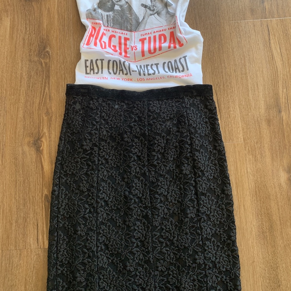 BEBE lace sheer lace body con skirt.